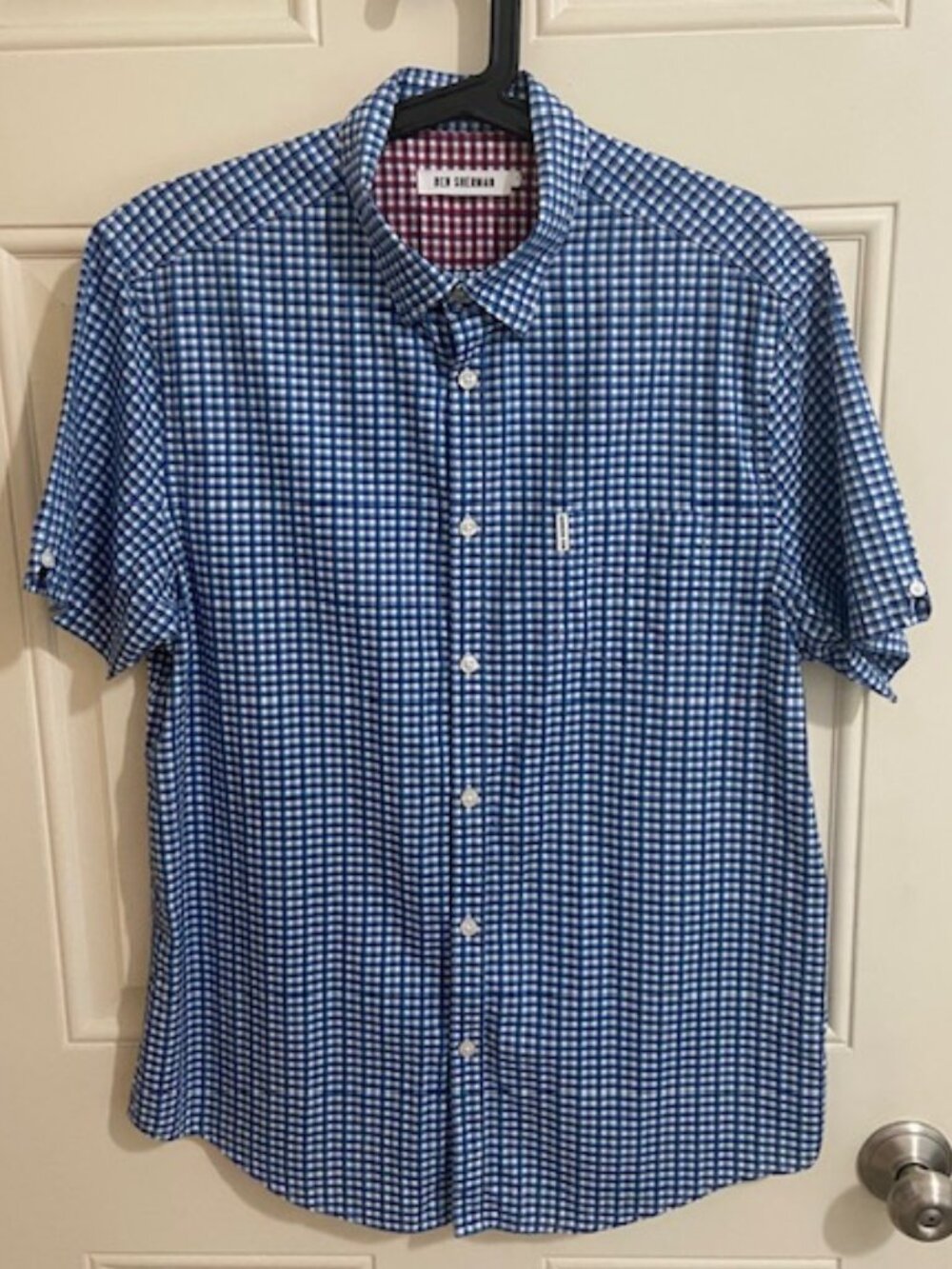 BEN SHERMAN Men's Navy Gingham Plaid Short Sleeve Button Down Shirt Size L